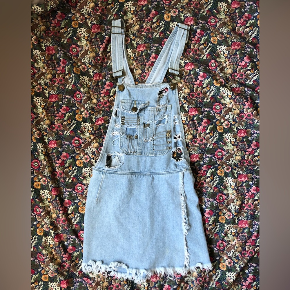 Carmar Light Blue Distressed Denim Overalls Dress with Shorts / Skort